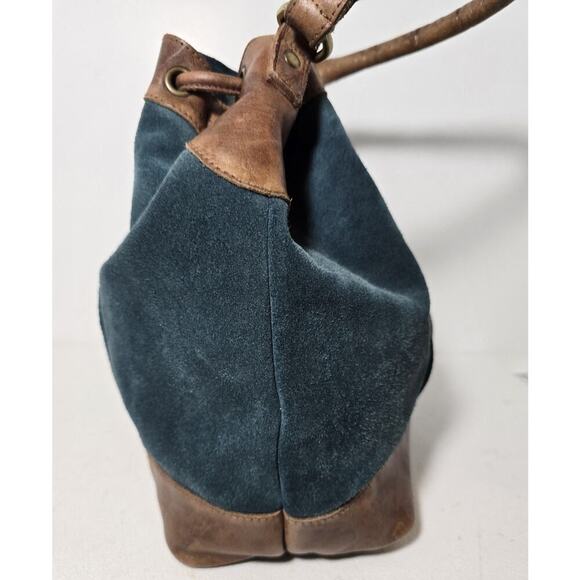 Anabaglish Suede/Leather Drawstring Hobo Shoulder Bag Purse Teal with Brown Trim - Picture 5 of 15